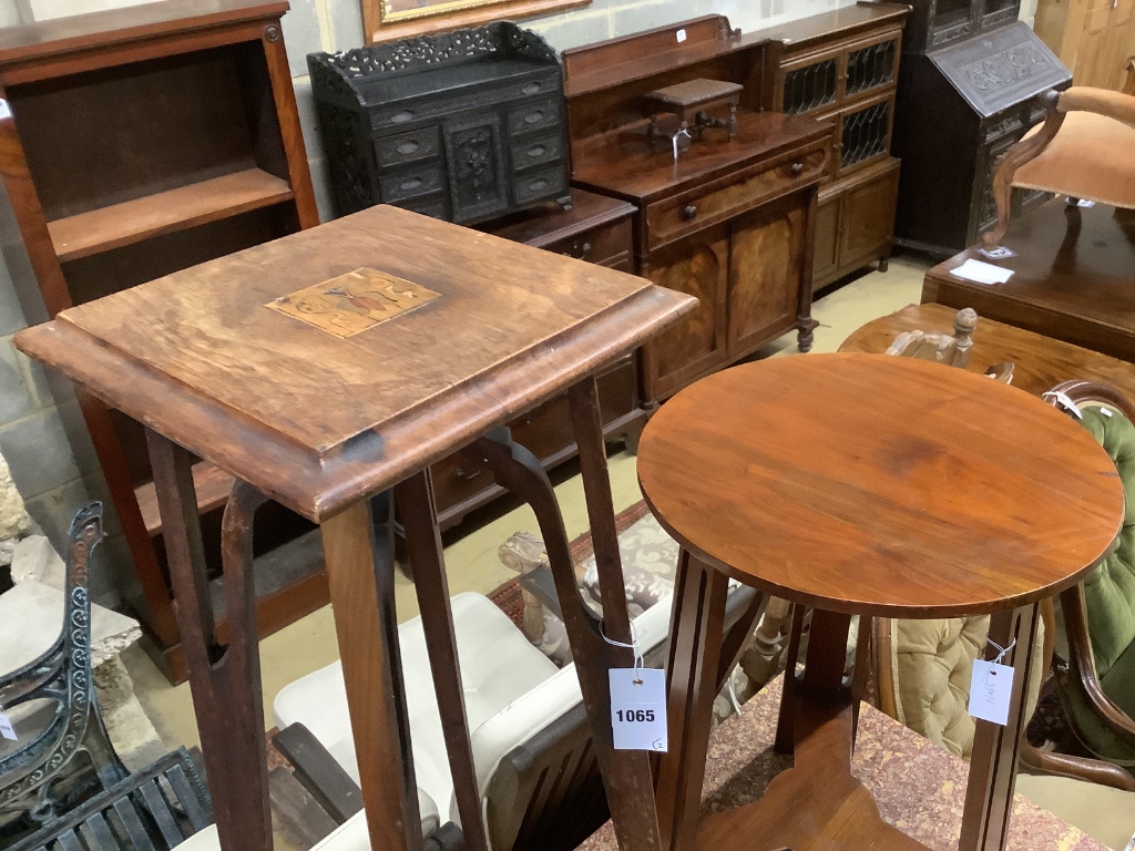 An Edwardian inlaid beech jardiniere stand and a walnut occasional table